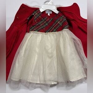 Infant Girls 12M 2-Pc Set Cream/Plaid Dress & Red Coat W/Faux Fur Trim Bows NWT